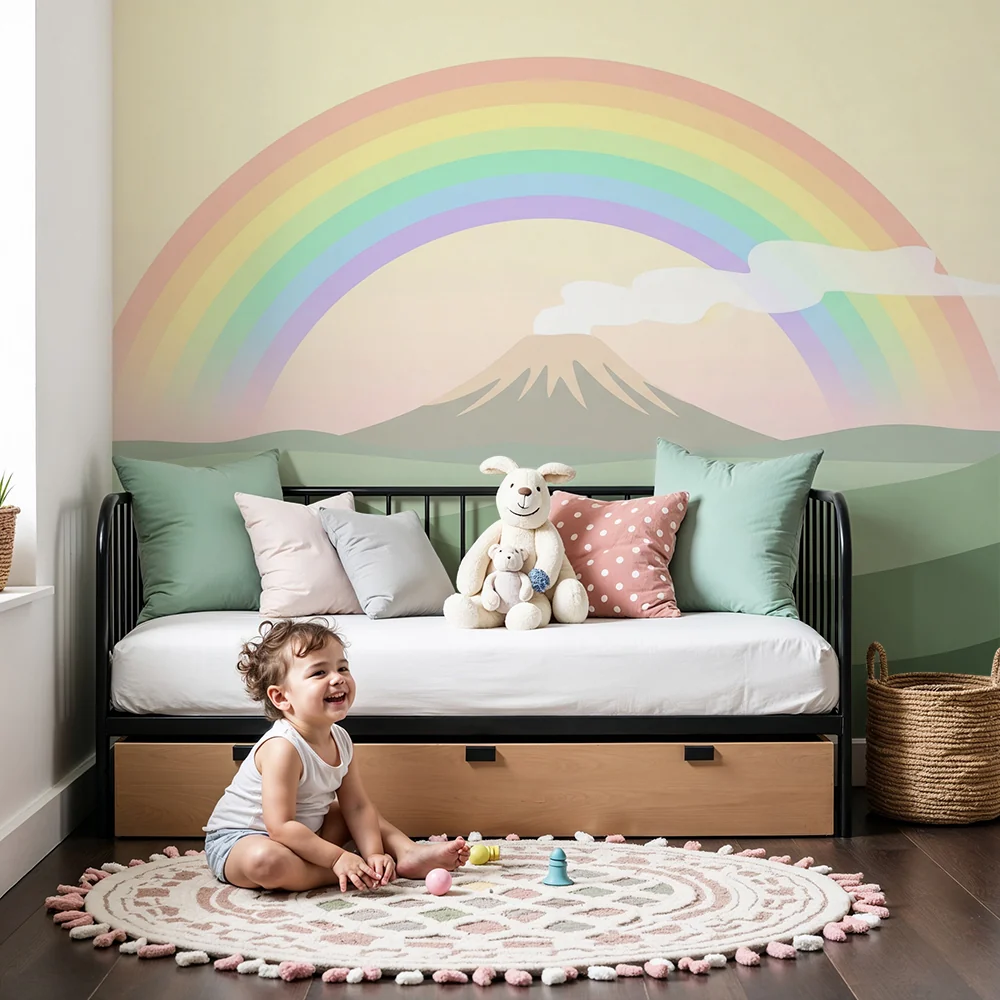 Papel de parede crianç | Majestosa montanha sob um arco-íris pastel