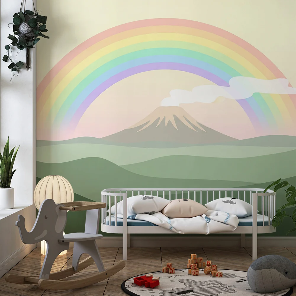 Papel de parede crianç | Majestosa montanha sob um arco-íris pastel