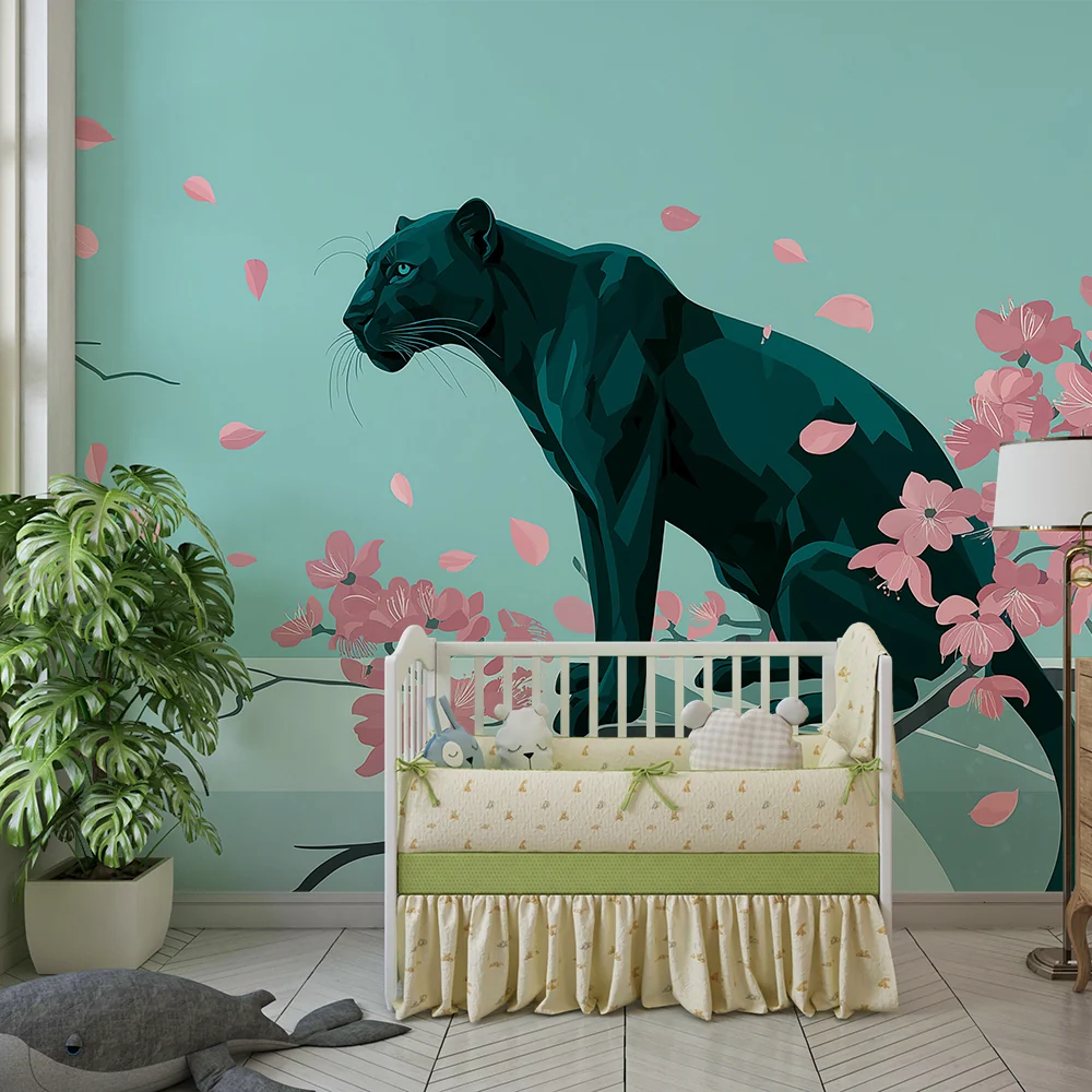 Papel de parede crianç | Majestosa pantera entre as flores de cerejeira