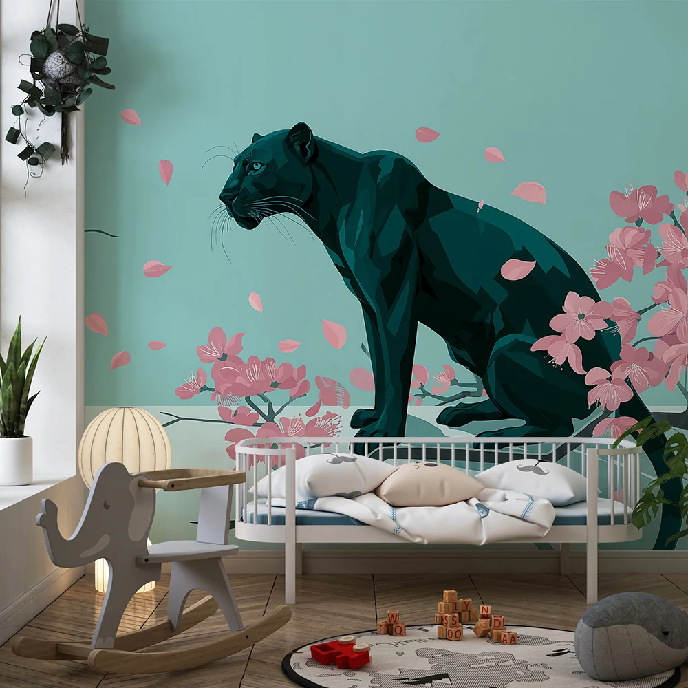 Papel de parede crianç | Majestosa pantera entre as flores de cerejeira