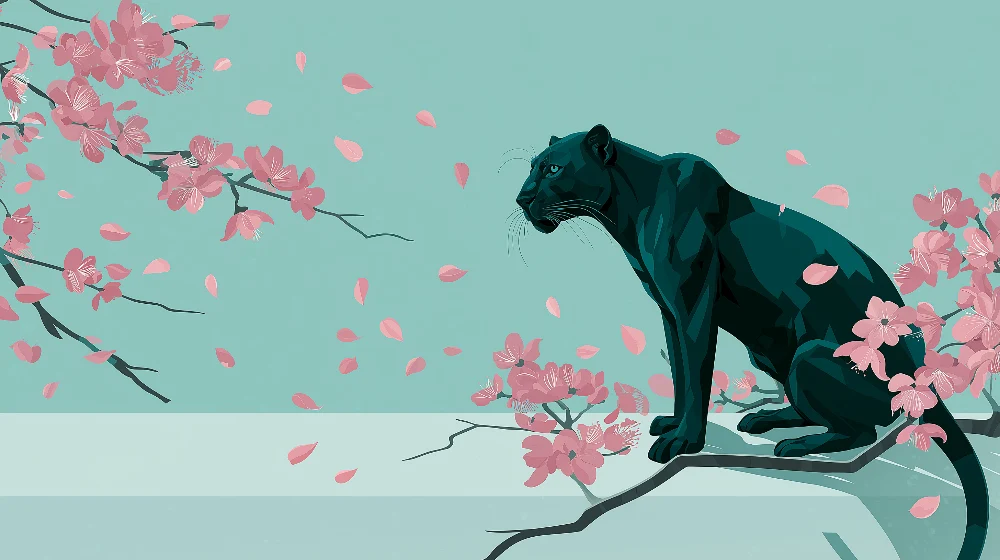 Papel de parede crianç | Majestosa pantera entre as flores de cerejeira