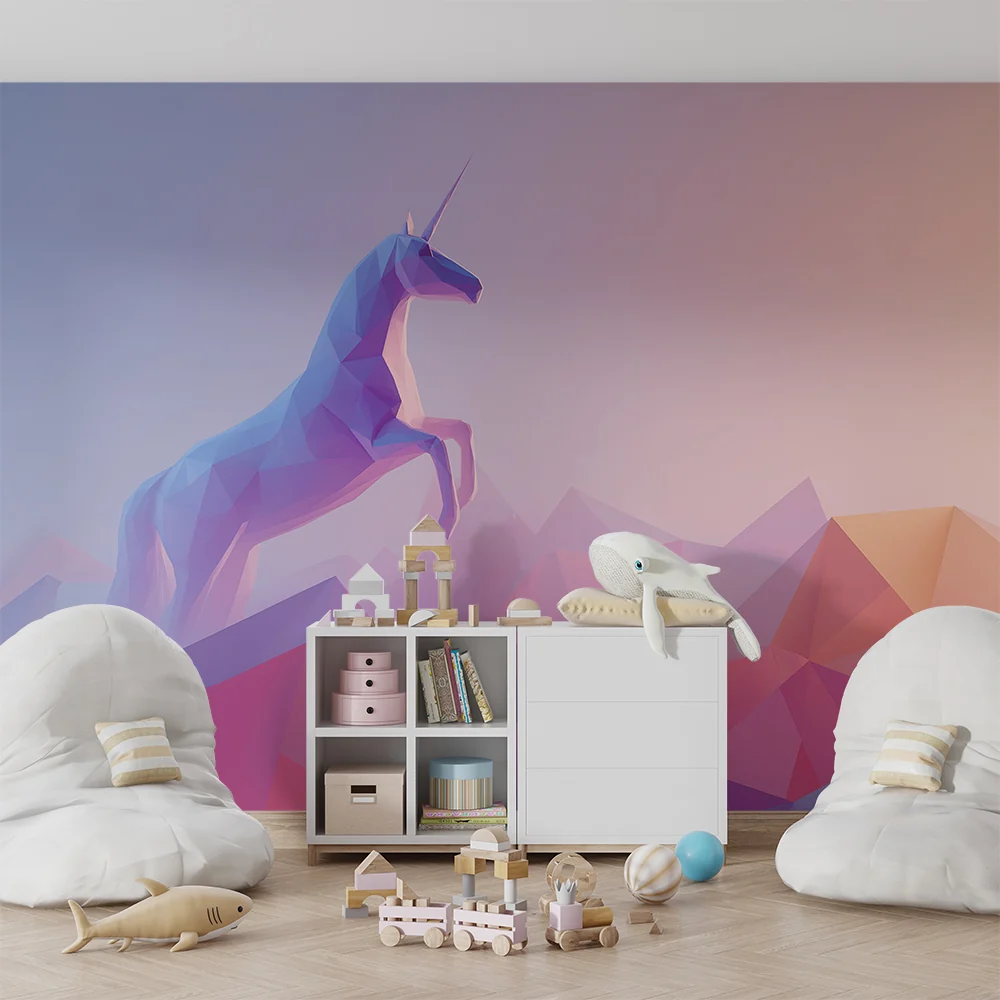 Papel de parede crianç | Majestosa unicórnio em uma paisagem geométrica de tons pastel