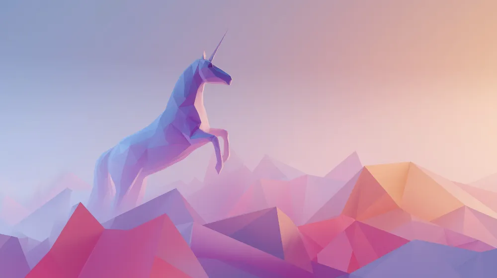 Papel de parede crianç | Majestosa unicórnio em uma paisagem geométrica de tons pastel