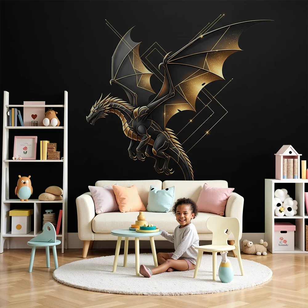 Papel de parede crianç | Majestoso dragão com reflexos dourados em fundo preto
