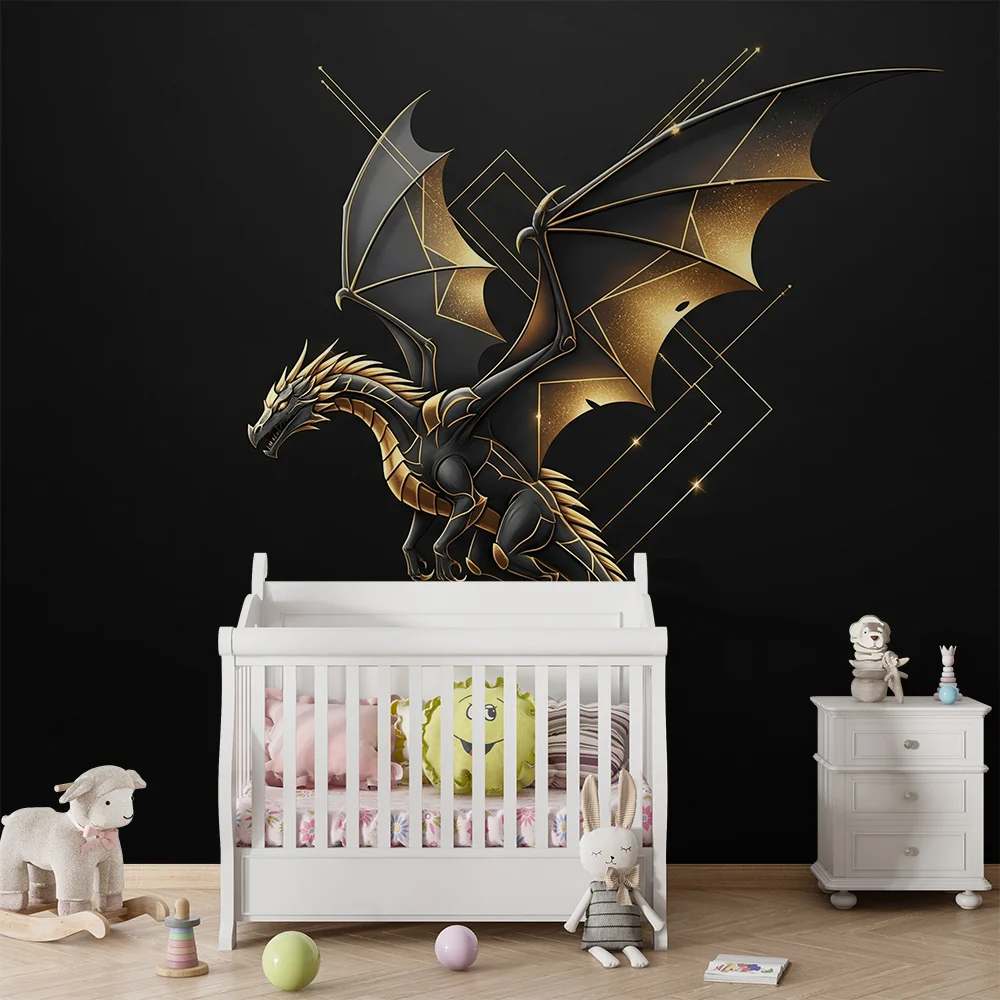 Papel de parede crianç | Majestoso dragão com reflexos dourados em fundo preto