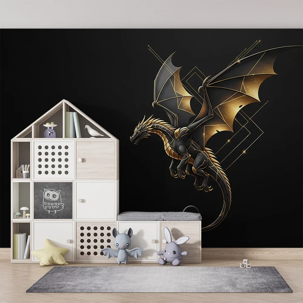 Papel de parede crianç | Majestoso dragão com reflexos dourados em fundo preto