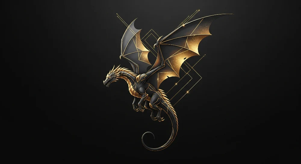 Papel de parede crianç | Majestoso dragão com reflexos dourados em fundo preto