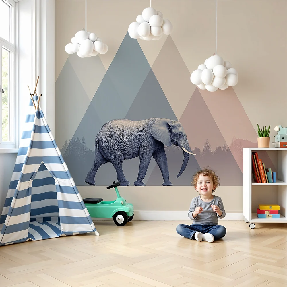 Papel de parede crianç | Majestoso elefante no meio das montanhas pastel