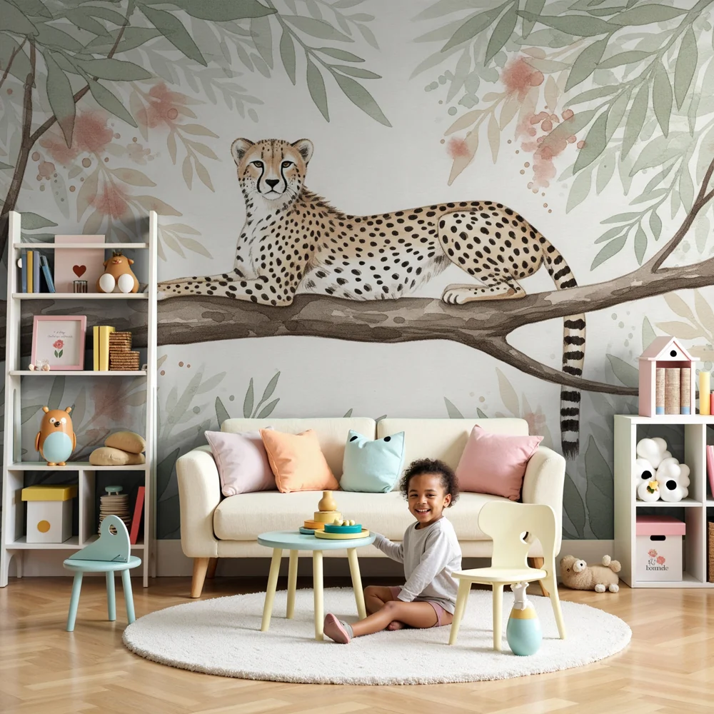 Papel de parede crianç | Majestoso leopardo e folhagem exótica