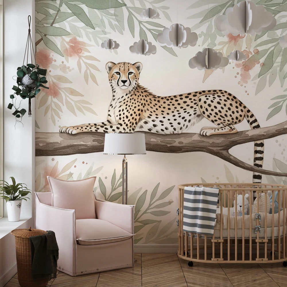 Papel de parede crianç | Majestoso leopardo e folhagem exótica