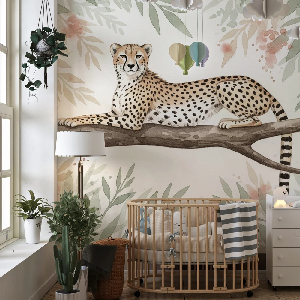 Papel de parede crianç | Majestoso leopardo e folhagem exótica