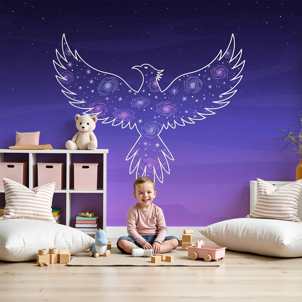 Papel de parede crianç | Majestoso pássaro em um céu estrelado roxo
