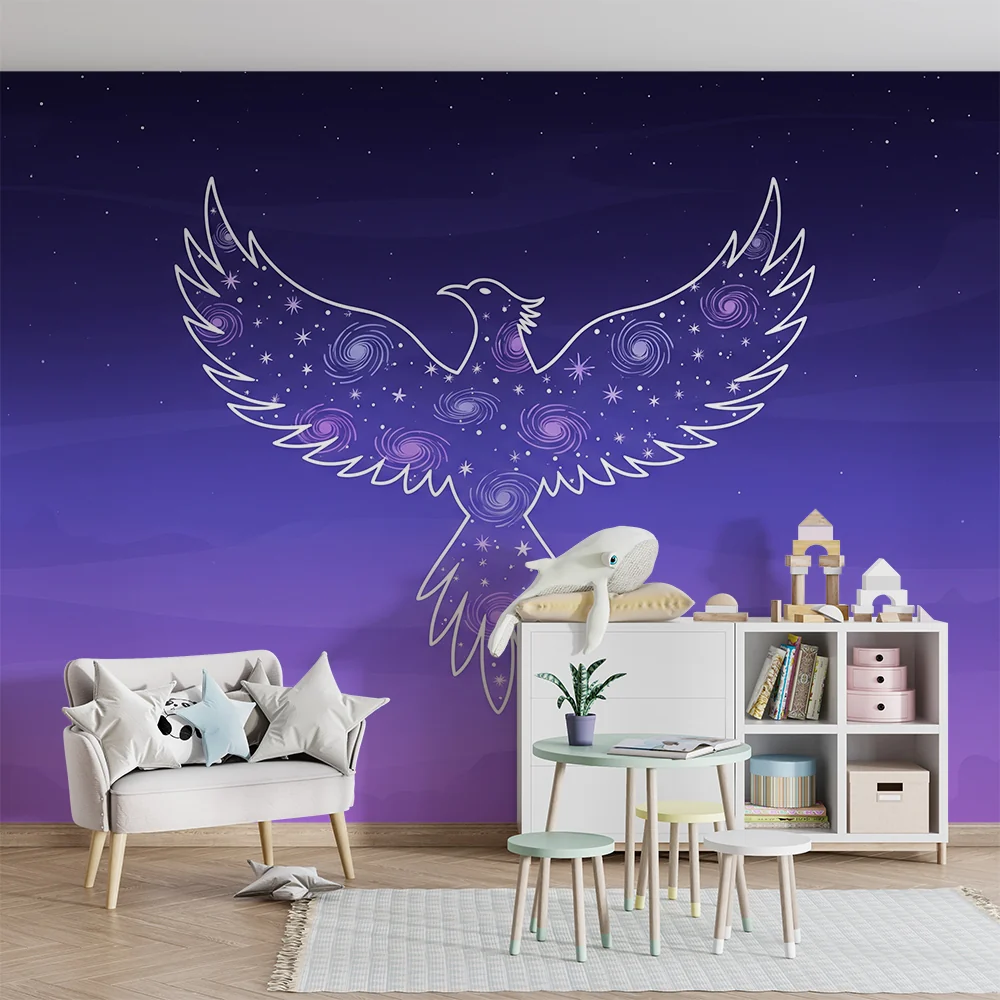 Papel de parede crianç | Majestoso pássaro em um céu estrelado roxo