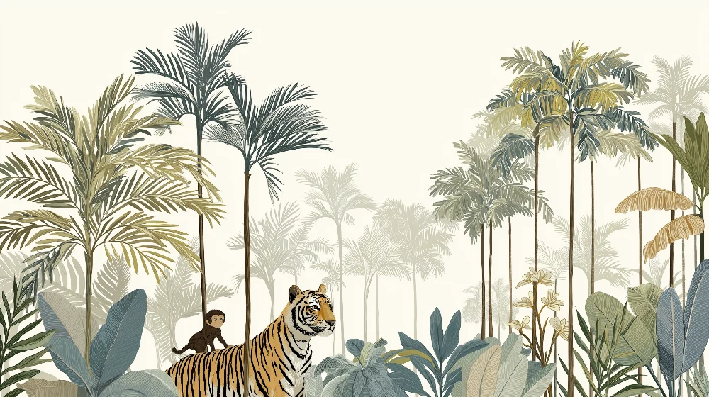 Papel de parede crianç | Majestoso tigre e macaco travesso numa selva tropical
