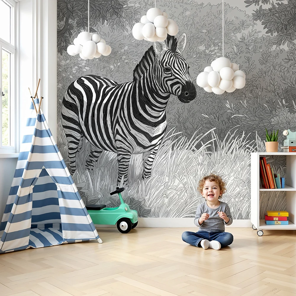 Papel de parede crianç | Majestoso zebra em um cenário natural em preto e branco