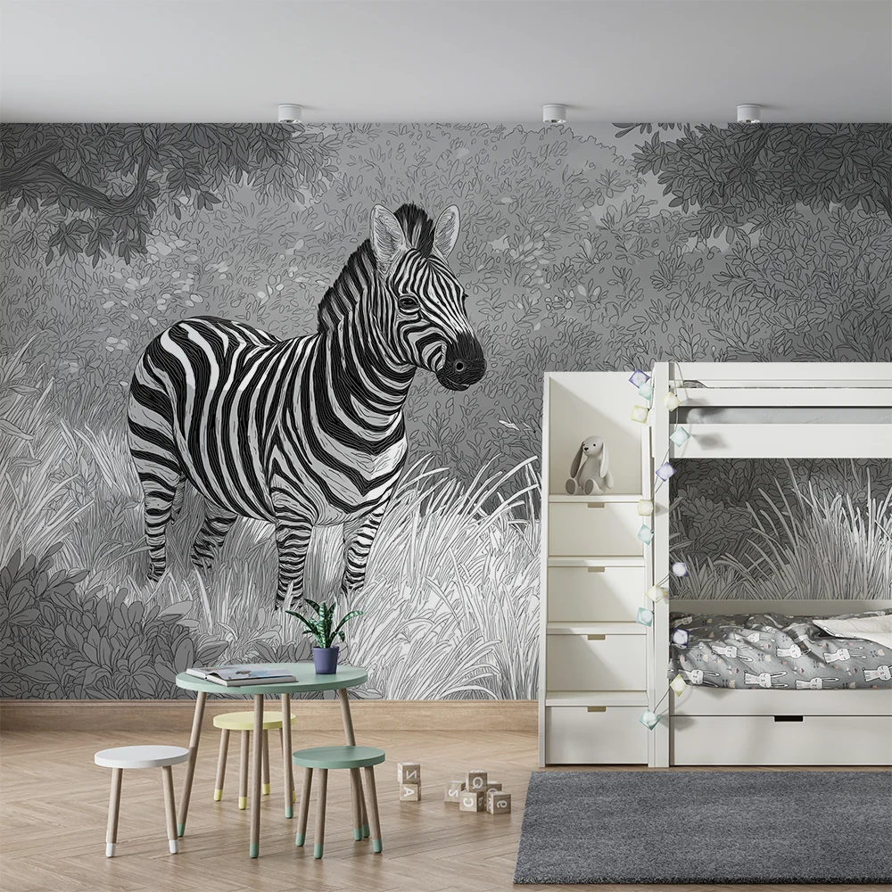 Papel de parede crianç | Majestoso zebra em um cenário natural em preto e branco