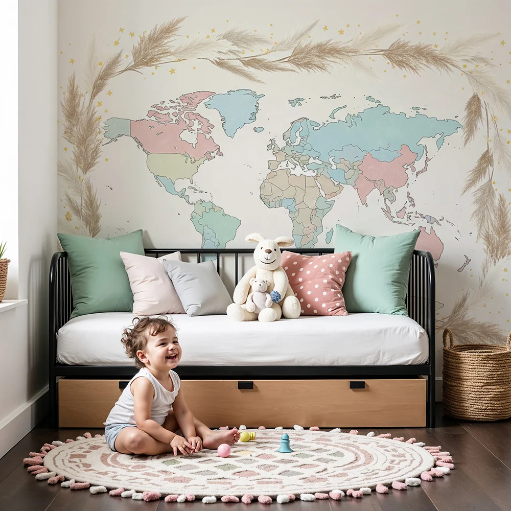 Papel de parede crianç | Mapa suave do mundo com cores pastel e elementos naturais