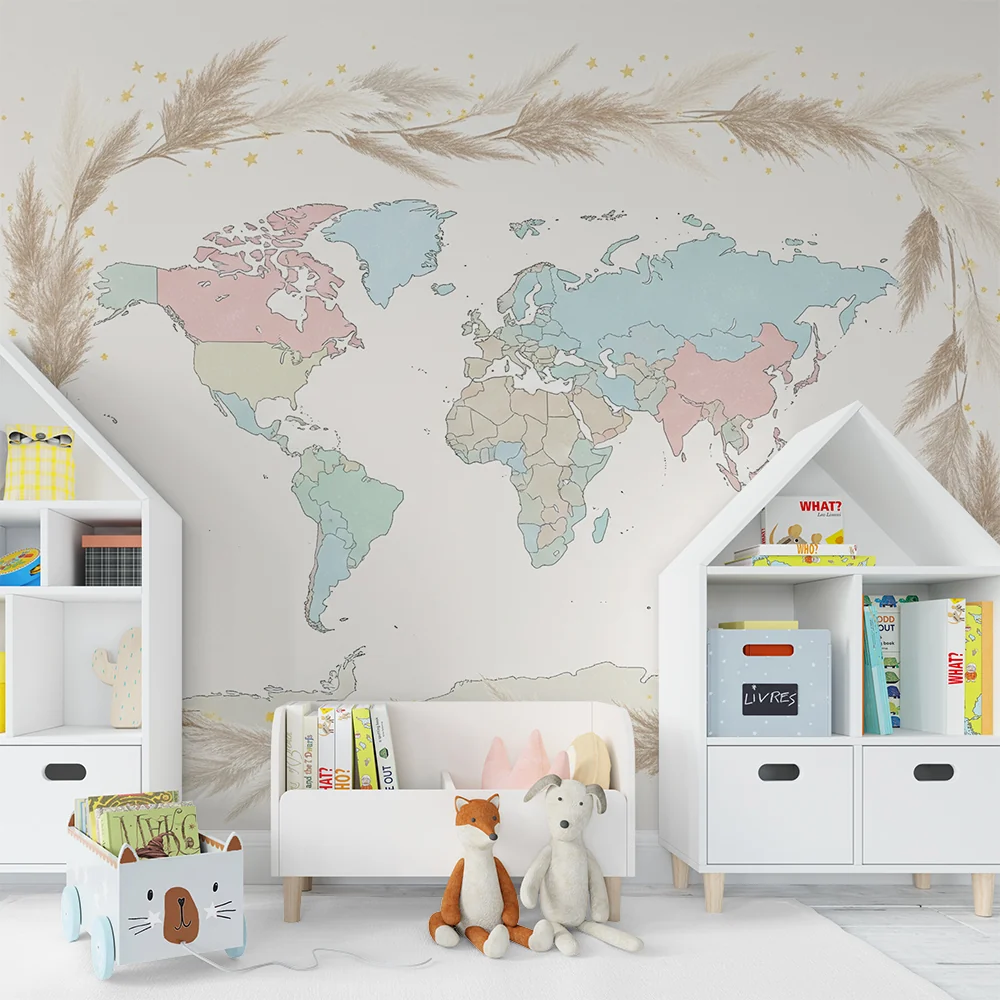 Papel de parede crianç | Mapa suave do mundo com cores pastel e elementos naturais