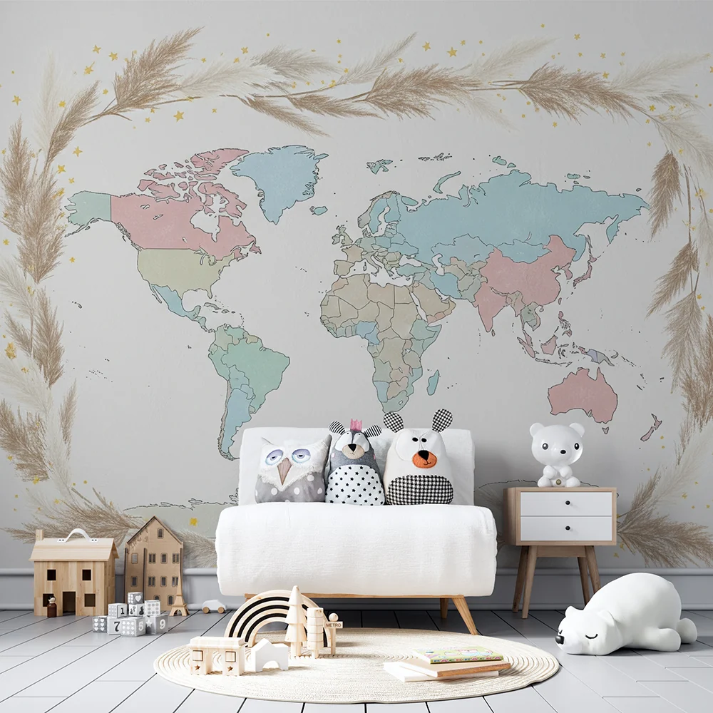 Papel de parede crianç | Mapa suave do mundo com cores pastel e elementos naturais