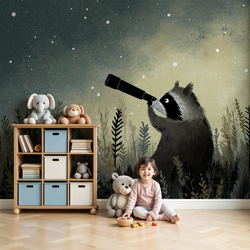 Papel de parede crianç | Mapache explorador sob um céu estrelado