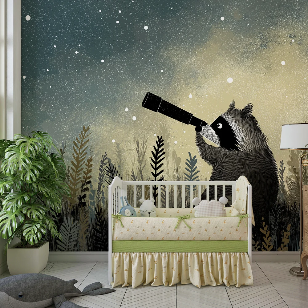 Papel de parede crianç | Mapache explorador sob um céu estrelado