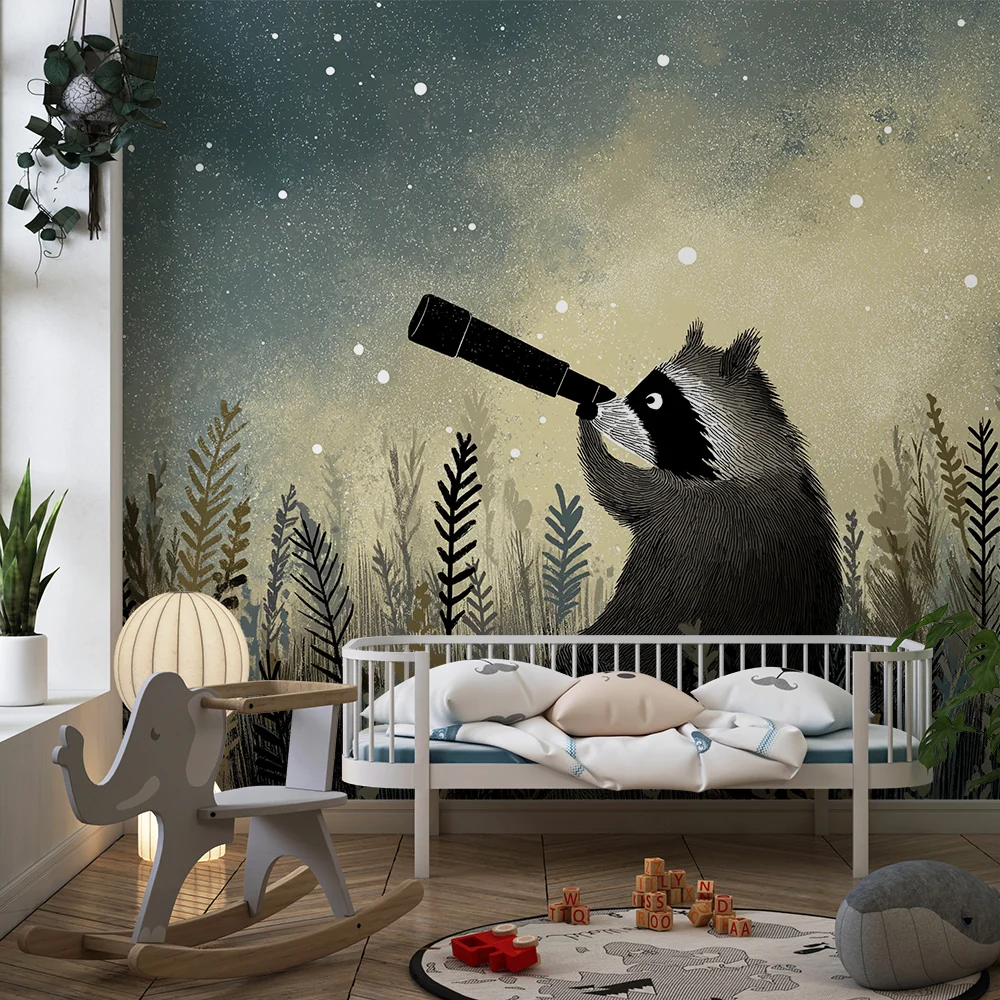 Papel de parede crianç | Mapache explorador sob um céu estrelado