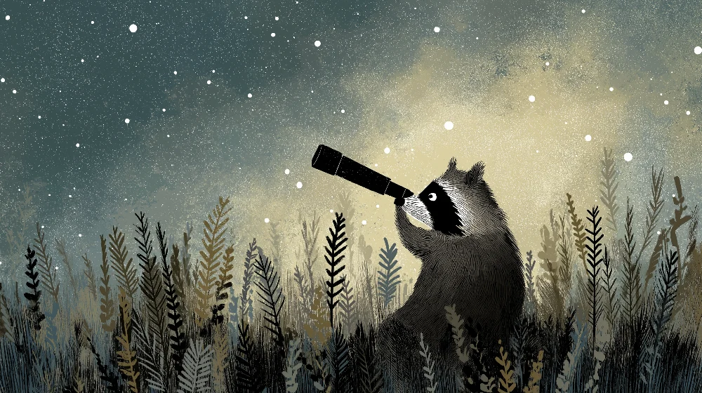 Papel de parede crianç | Mapache explorador sob um céu estrelado