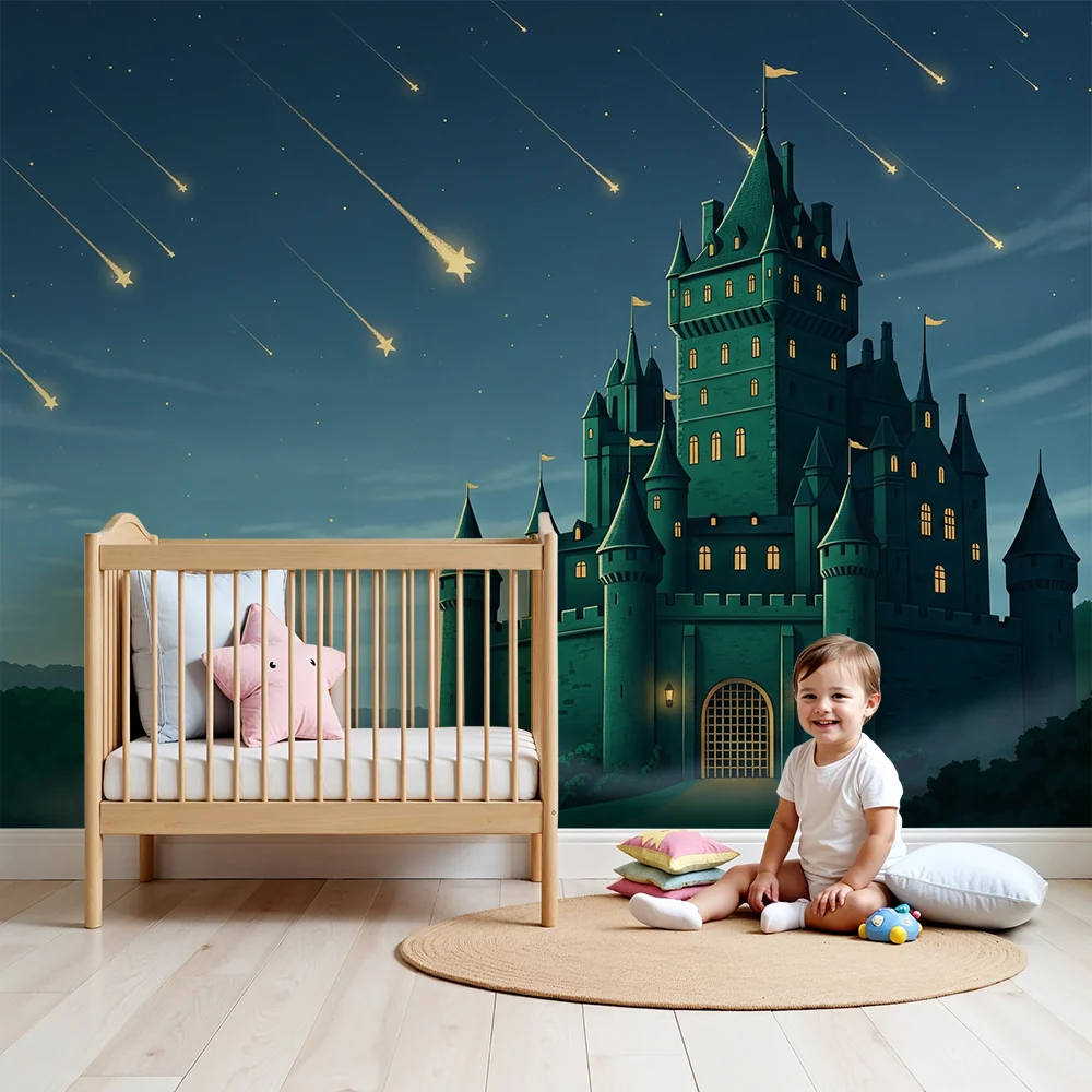 Papel de parede crianç | Mágico castelo sob uma chuva de estrelas cadentes