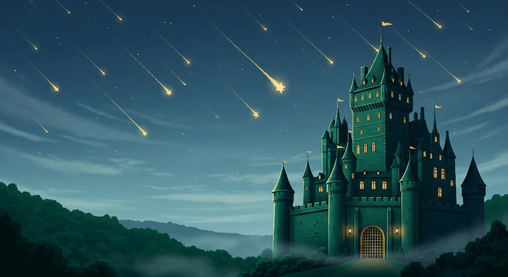 Papel de parede crianç | Mágico castelo sob uma chuva de estrelas cadentes