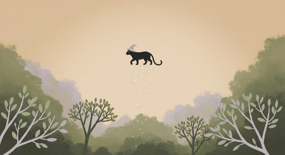 Papel de parede crianç | Mágico gato flutuando sobre uma floresta encantada