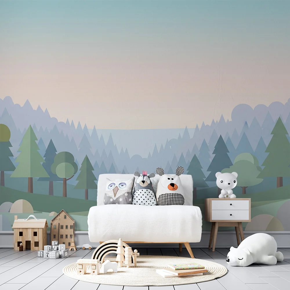 Papel de parede crianç | Minimalist forest landscape stylized trees