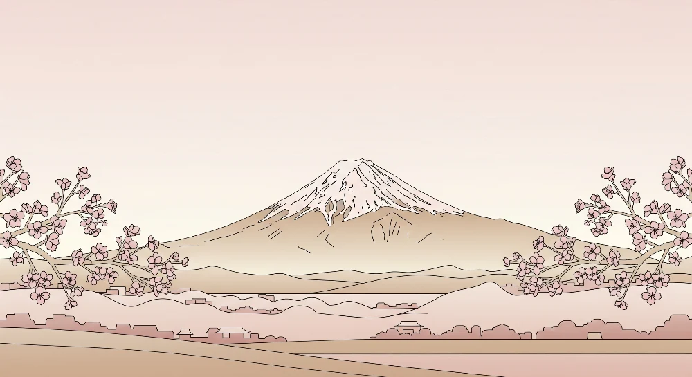 Papel de parede crianç | Mont Fuji e cerejeiras em flor em tons suaves