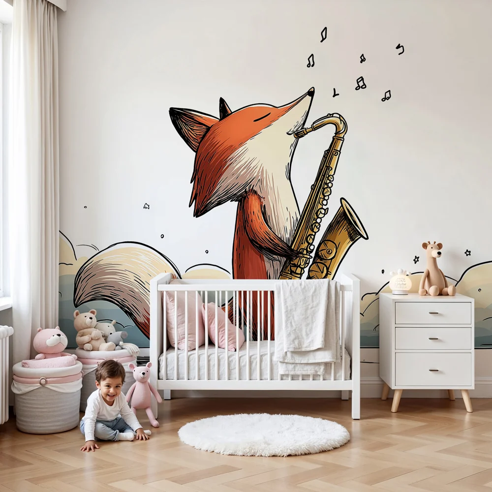Papel de parede crianç | Músico raposa com saxofone