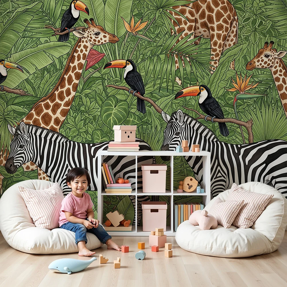 Papel de parede crianç | Muito colorido safari com animais da selva