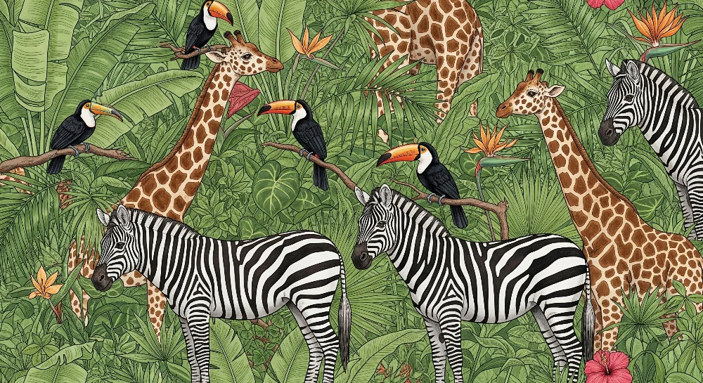 Papel de parede crianç | Muito colorido safari com animais da selva