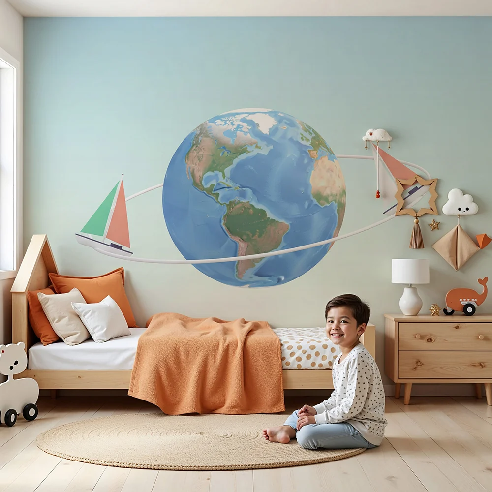 Papel de parede crianç | Mundo marinho com veleiros coloridos ao redor da Terra