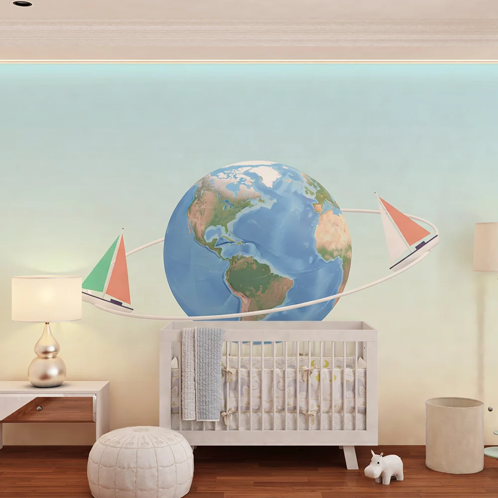 Papel de parede crianç | Mundo marinho com veleiros coloridos ao redor da Terra