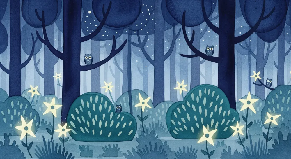 Papel de parede crianç | Noite na floresta com corujas e estrelas cintilantes