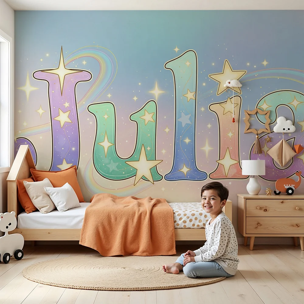 Papel de parede crianç | Nome personalizado com estrelas e cores pastel