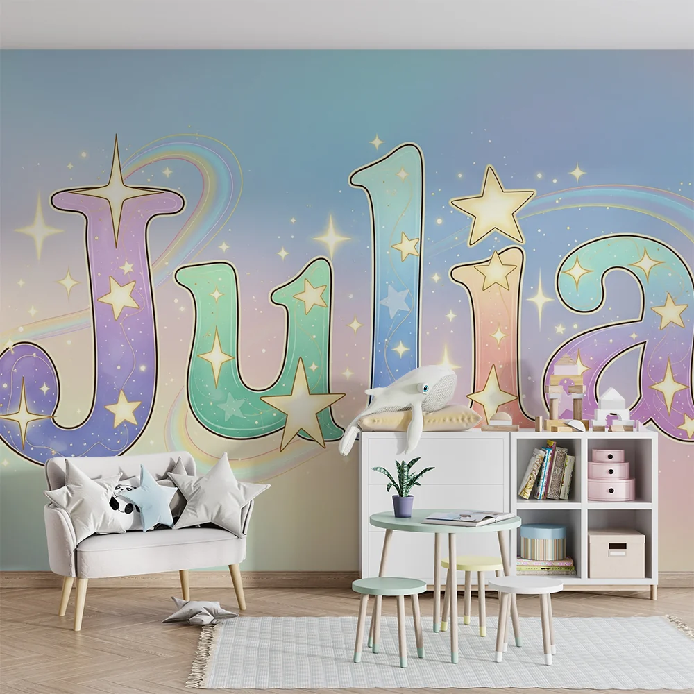 Papel de parede crianç | Nome personalizado com estrelas e cores pastel