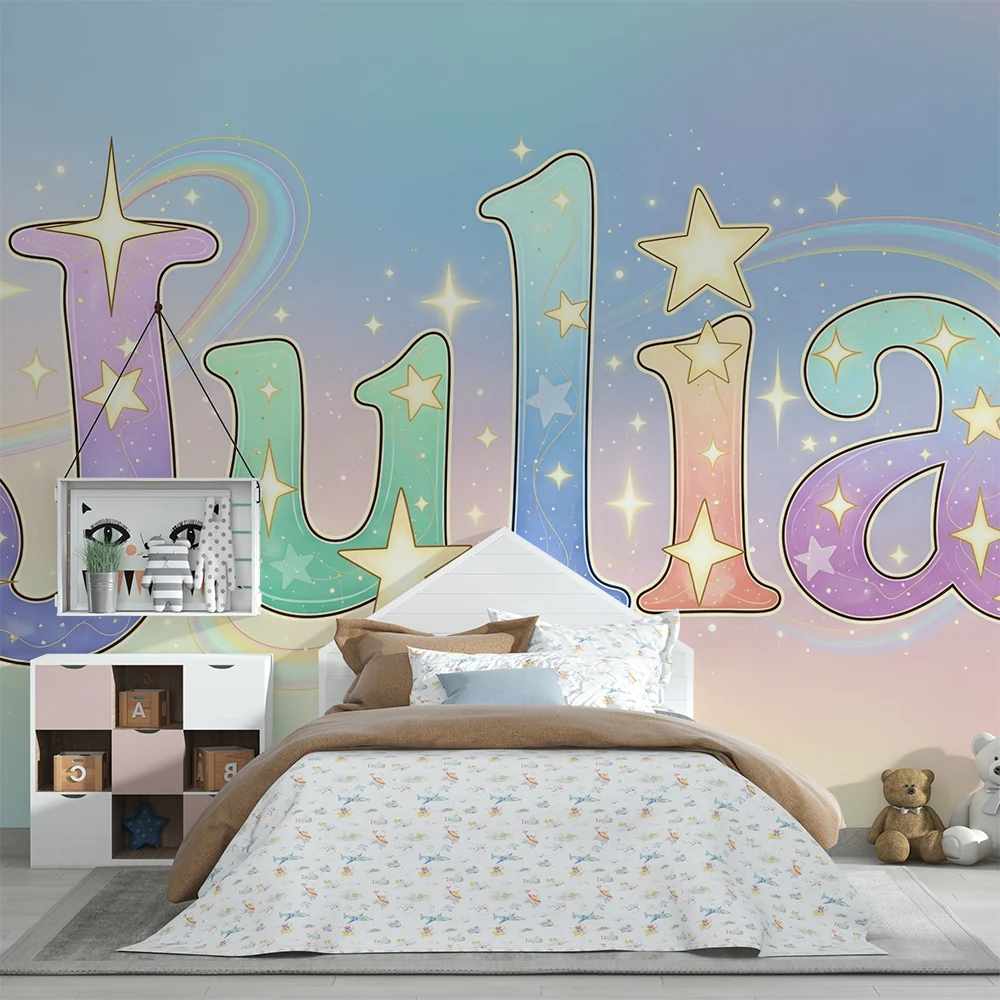 Papel de parede crianç | Nome personalizado com estrelas e cores pastel