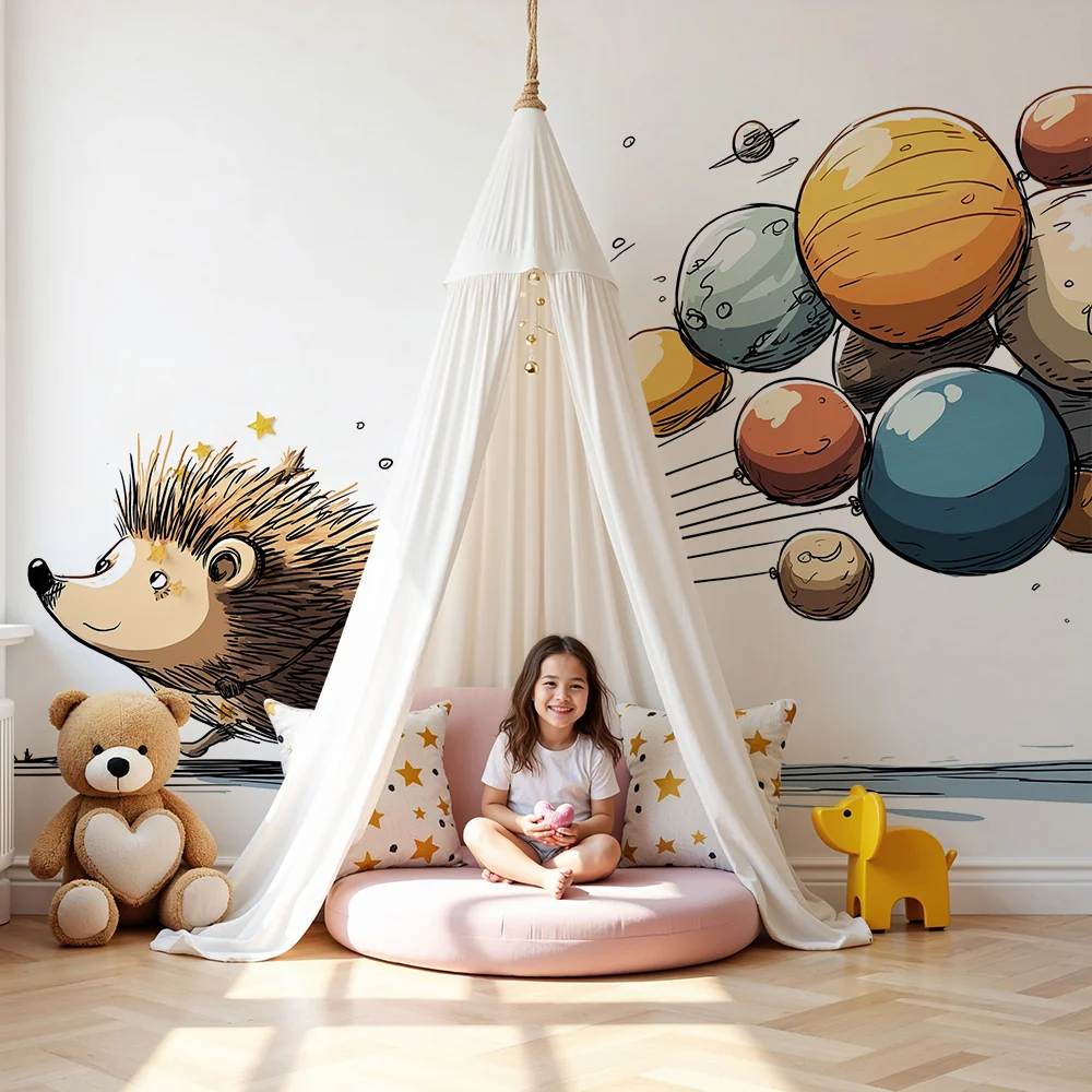 Papel de parede crianç | Ouriço feliz puxando planetas coloridos