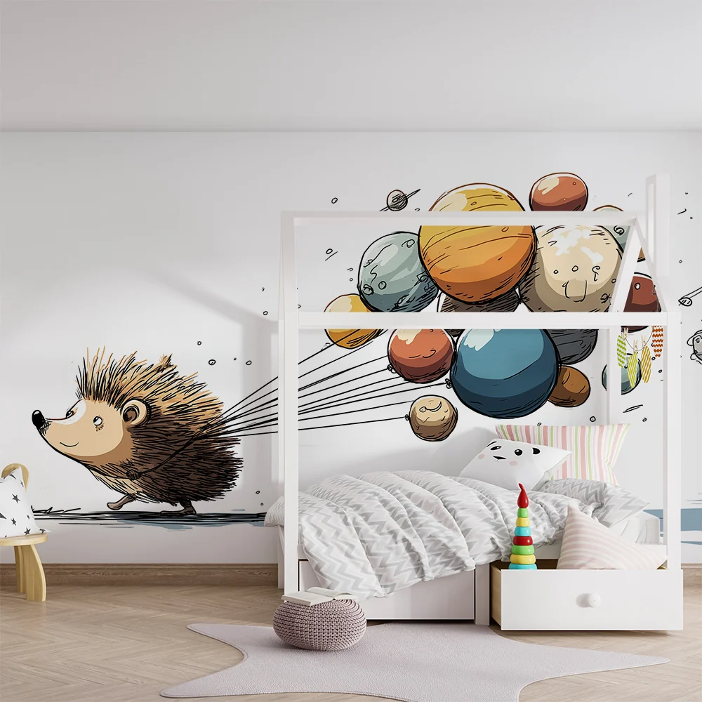 Papel de parede crianç | Ouriço feliz puxando planetas coloridos