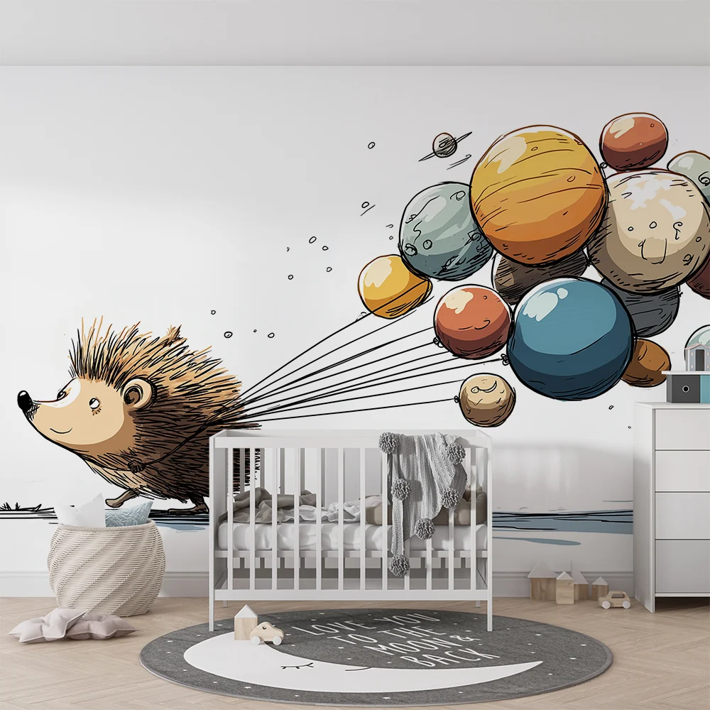 Papel de parede crianç | Ouriço feliz puxando planetas coloridos