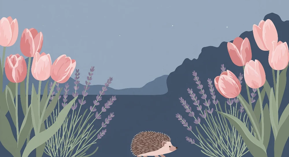 Papel de parede crianç | Ouriço fofo entre tulipas e lavanda