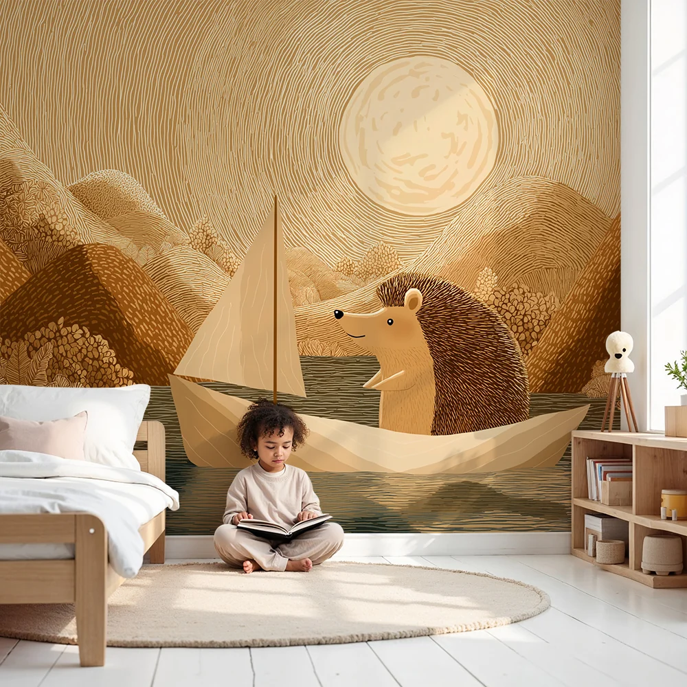 Papel de parede crianç | Ouriço navegando em um lago tranquilo sob um sol dourado