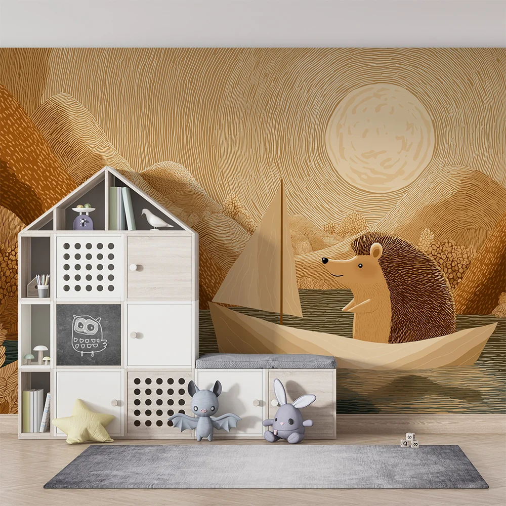 Papel de parede crianç | Ouriço navegando em um lago tranquilo sob um sol dourado