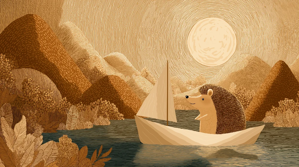 Papel de parede crianç | Ouriço navegando em um lago tranquilo sob um sol dourado