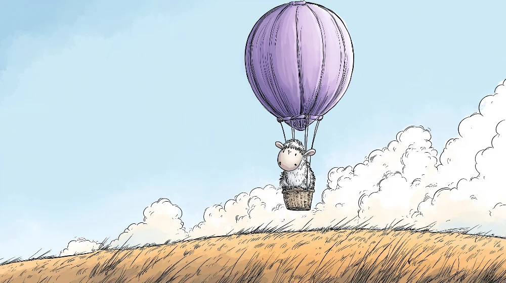 Papel de parede crianç | Ovelha em um balão dirigível roxo sobre campos dourados