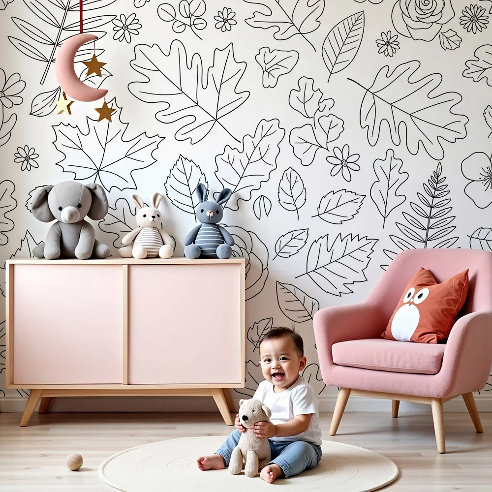 Papel de parede crianç | Padrões de folhas e flores em contornos delicados